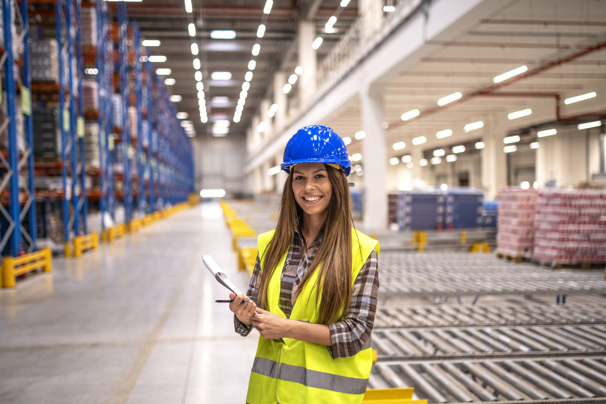 portrait of beautiful brunette woman with hardhat and reflective jacket holding checklist in big warehouse storage area.